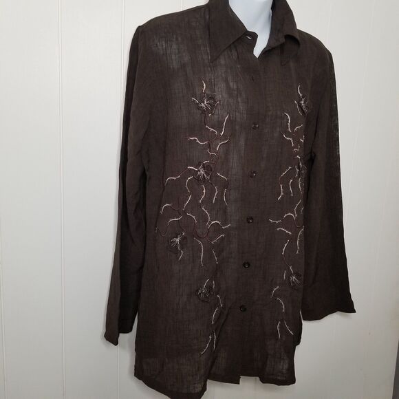 Women's Top Blouse Size Medium Brown Embroidered Long Sleeve New - Picture 3 of 11
